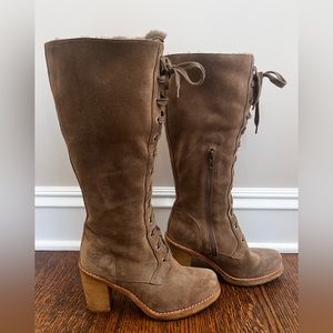 UGG Camille Suede Laced Knee High Heeled Boots, Size 8, Tan